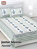 Jantar Mantar Cotton Bedsheet – White & Blue Print (70 x 100 Inches)
