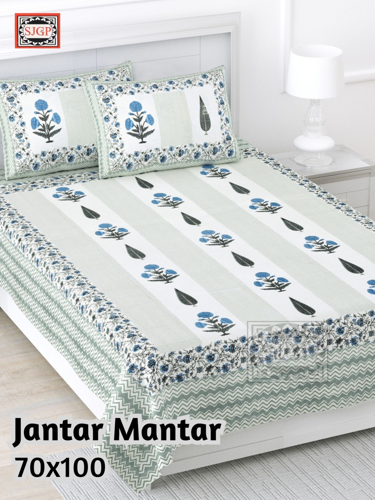 Jantar Mantar Cotton Bedsheet – White & Blue Print (70 x 100 Inches)