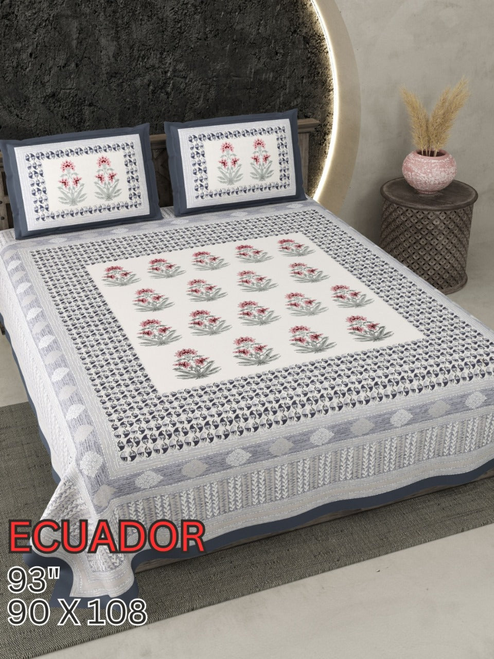 ECAUDOR Cotton Bedsheet- White Floral Print (90 x 108 Inches)