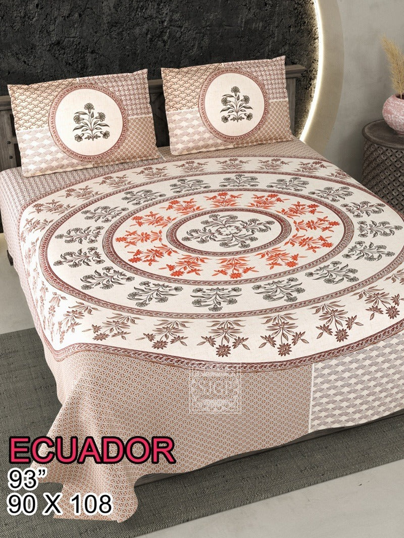 ECAUDOR Cotton Bedsheet- Brown Floral Print (90 x 108 Inches)
