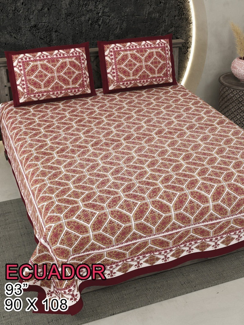 ECAUDOR Cotton Bedsheet- Red Floral Geometric Print (90 x 108 Inches)