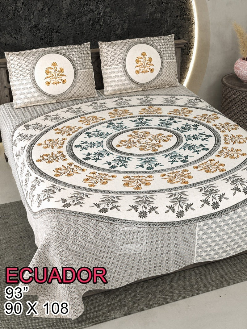 ECAUDOR Cotton Bedsheet- Grey Floral Print (90 x 108 Inches)