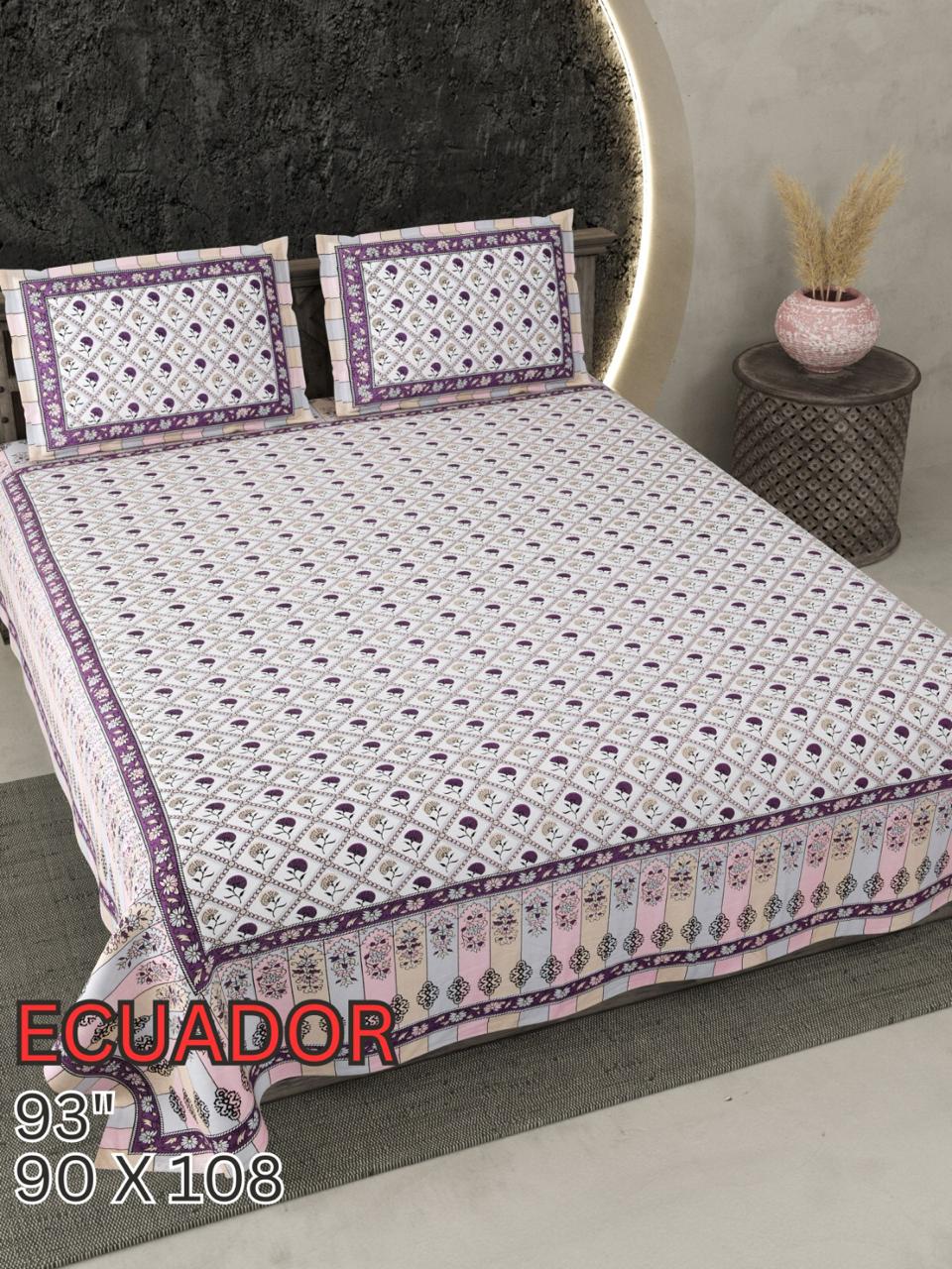 ECAUDOR Cotton Bedsheet- Purple Floral Geometric Print (90 x 108 Inches)