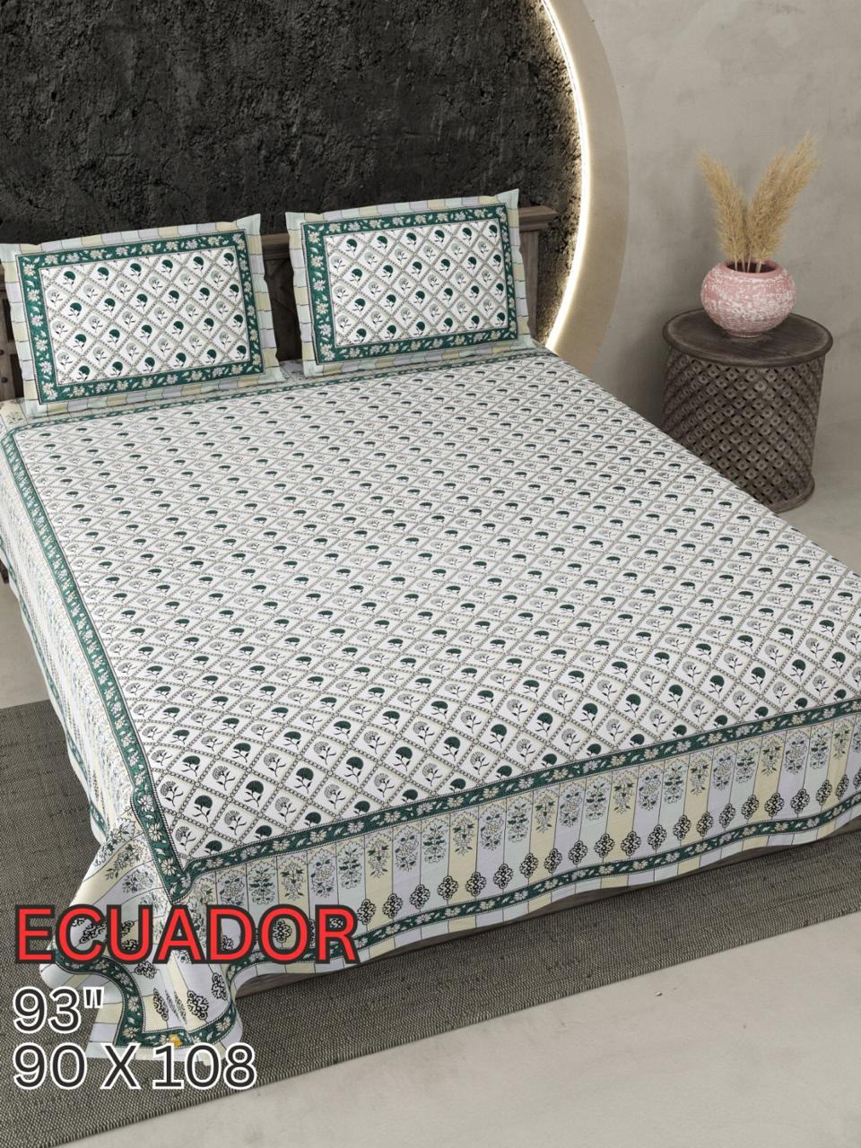 ECAUDOR Cotton Bedsheet- Green Floral Geometric Print (90 x 108 Inches)