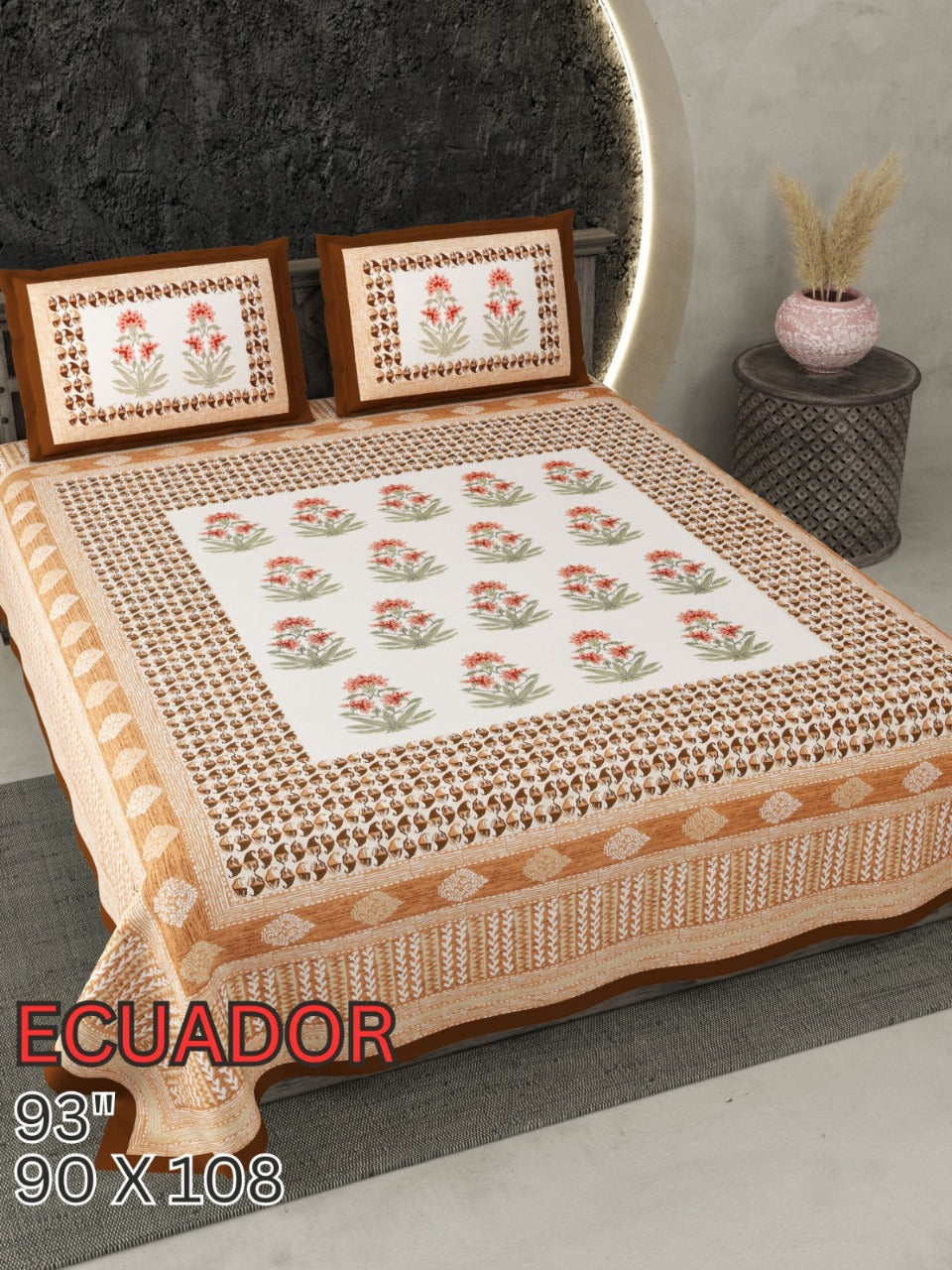 ECAUDOR Cotton Bedsheet- Brown Floral Print (90 x 108 Inches)