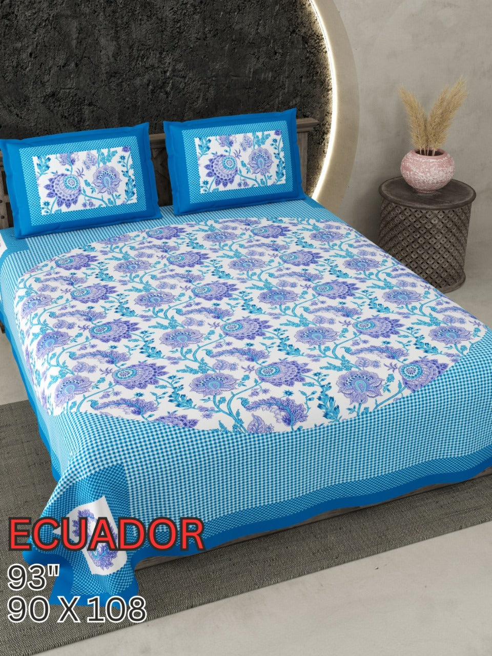 ECAUDOR Cotton Bedsheet- Blue Floral Print (90 x 108 Inches)