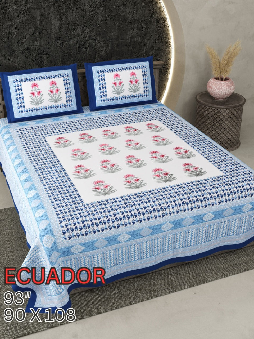ECAUDOR Cotton Bedsheet- Blue Floral Print (90 x 108 Inches)