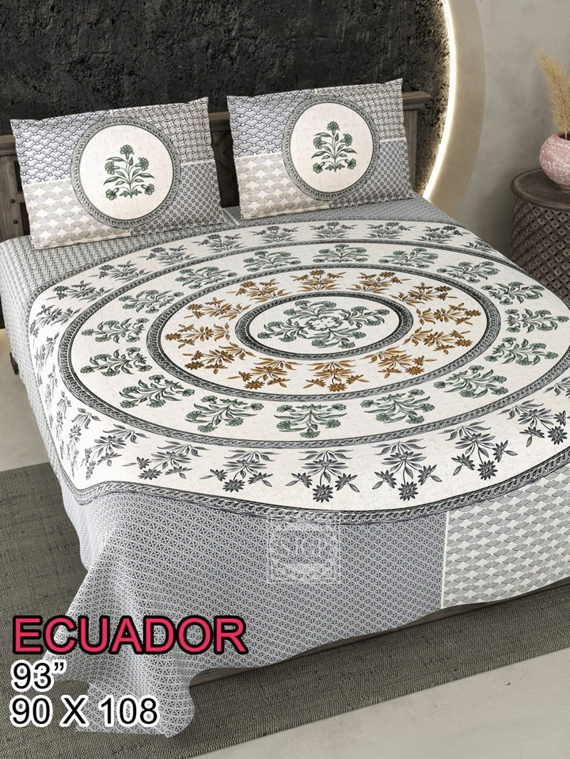 ECAUDOR Cotton Bedsheet- Grey White Floral Print (90 x 108 Inches)