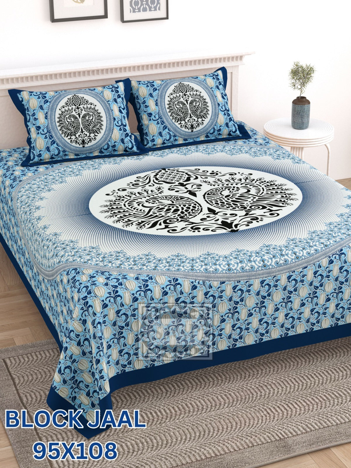 BLOCK JAAL Cotton Bedsheet- Blue White Floral Print (95 x 108 Inches)