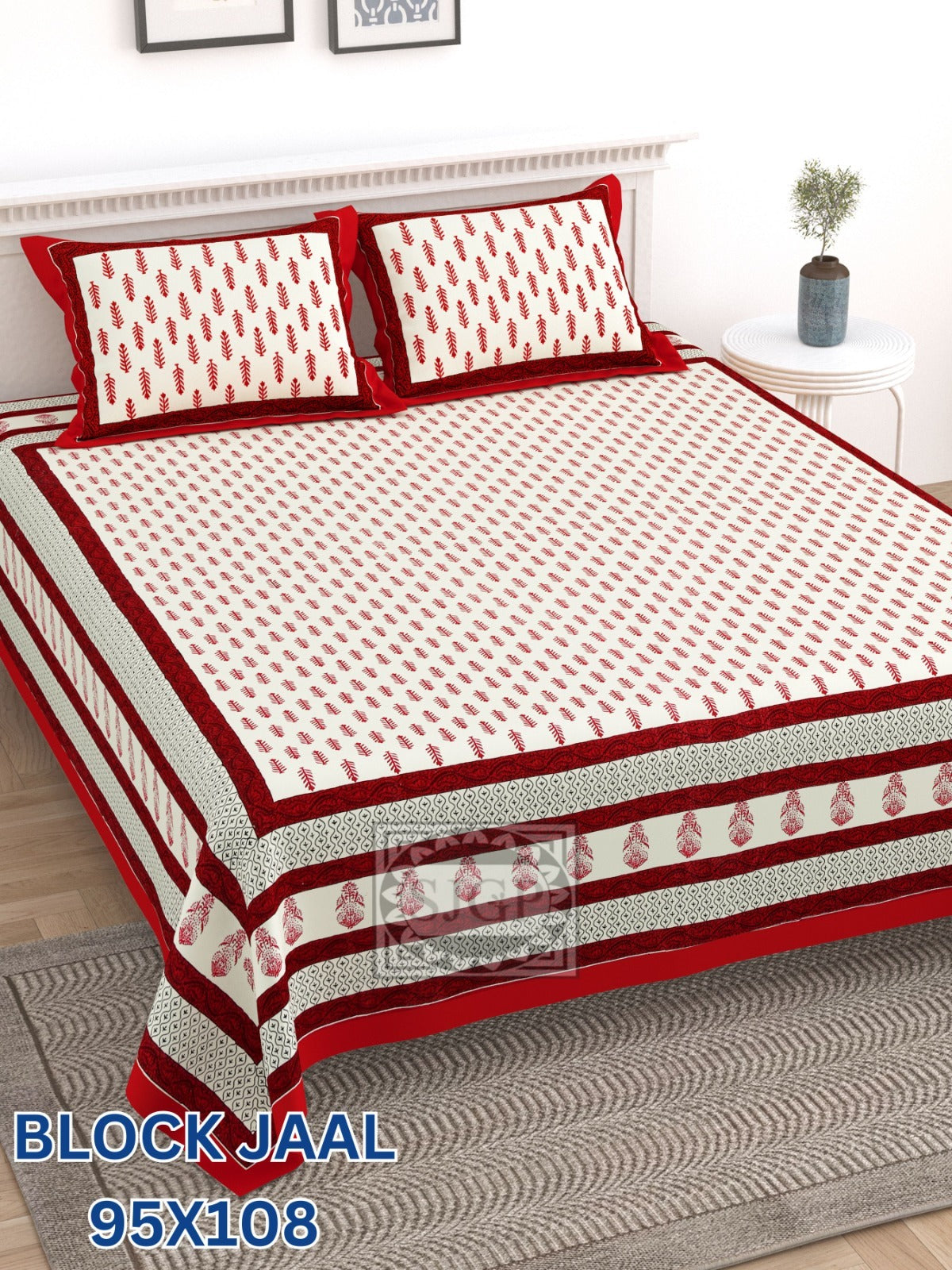 BLOCK JAAL Cotton Bedsheet- Red White Floral Print (95 x 108 Inches)