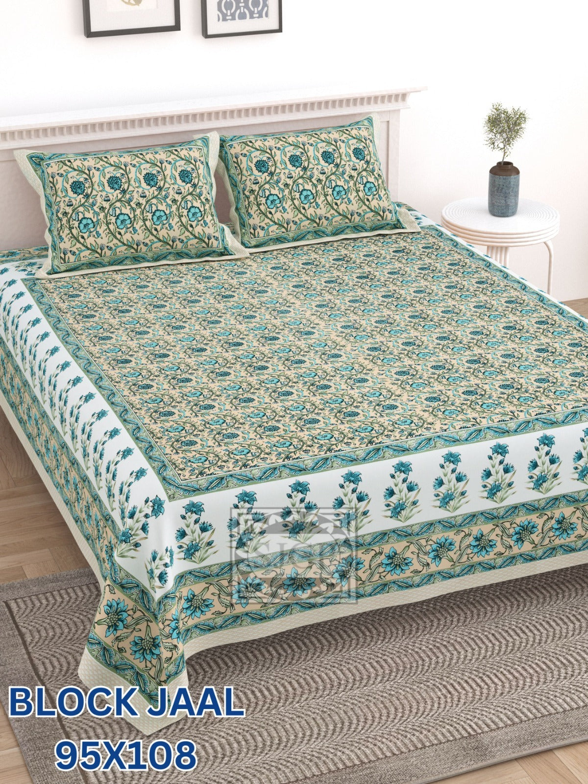 BLOCK JAAL Cotton Bedsheet- Green Floral Print (95 x 108 Inches)