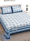 BLOCK JAAL Cotton Bedsheet- Blue White Floral Print (95 x 108 Inches)