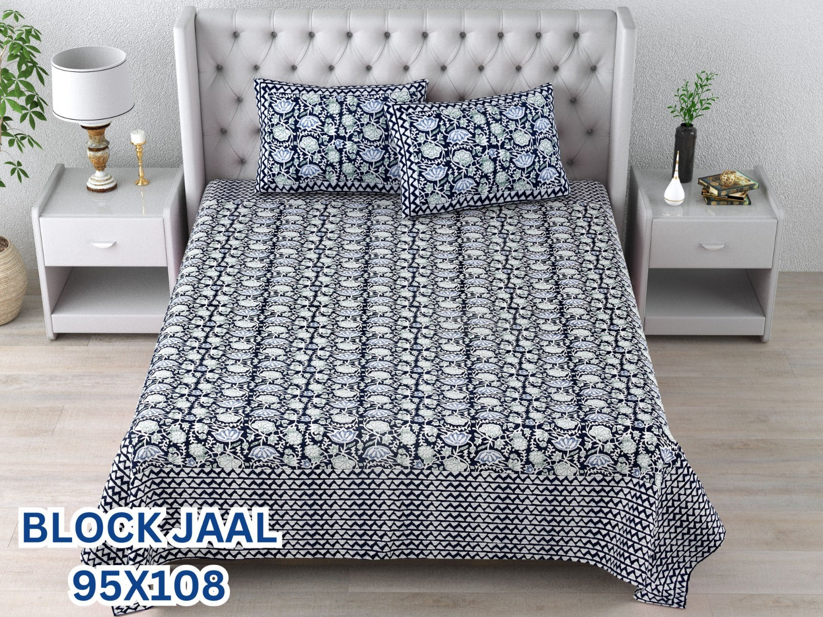 BLOCK JAAL Cotton Bedsheet- Blue Floral Print (95 x 108 Inches)