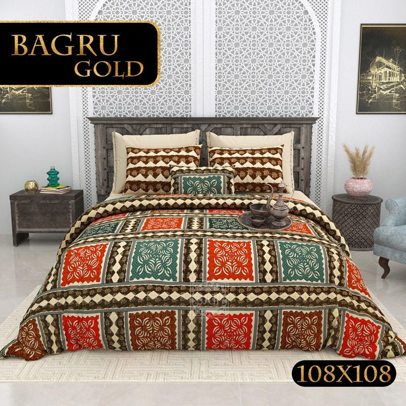 BAGRU GOLD Cotton Bedsheet- Blue Red Print (108 x 108 Inches)