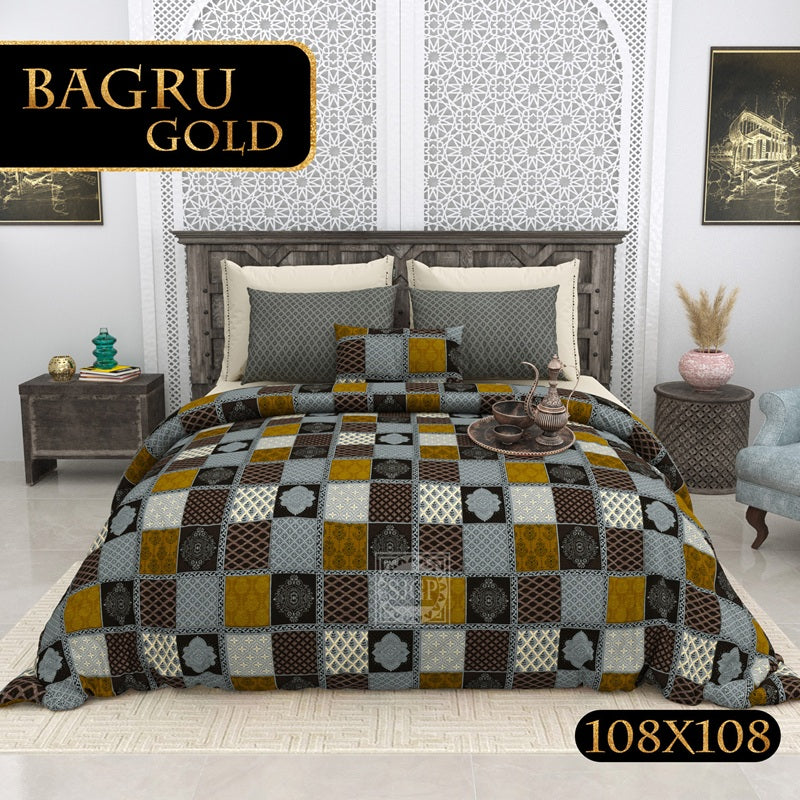 BAGRU GOLD Cotton Bedsheet- Grey Print (108 x 108 Inches)