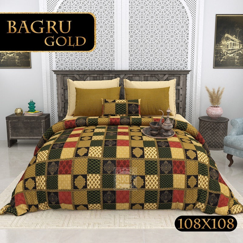 BAGRU GOLD Cotton Bedsheet- Beige Print (108 x 108 Inches)