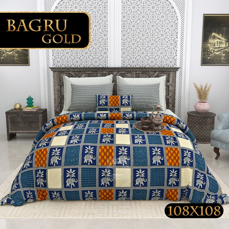 BAGRU GOLD Cotton Bedsheet- Blue Print (108 x 108 Inches)