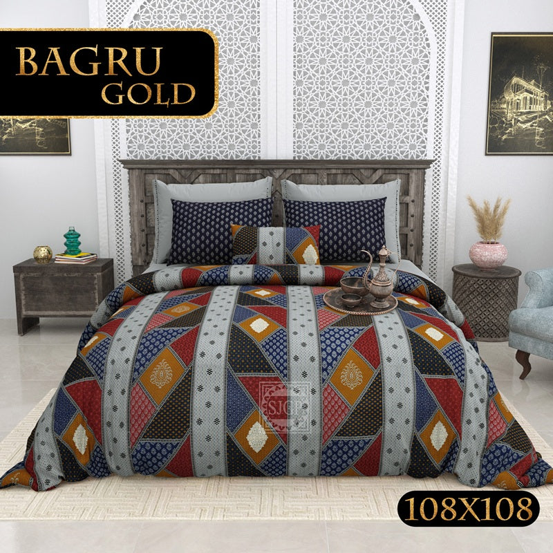 BAGRU GOLD Cotton Bedsheet- Grey Multi Print (108 x 108 Inches)