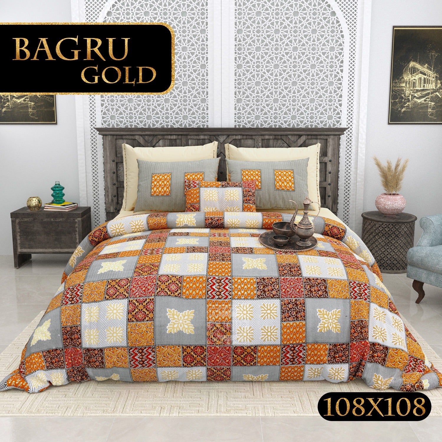 BAGRU GOLD Cotton Bedsheet- Brown Multi Print (108 x 108 Inches)