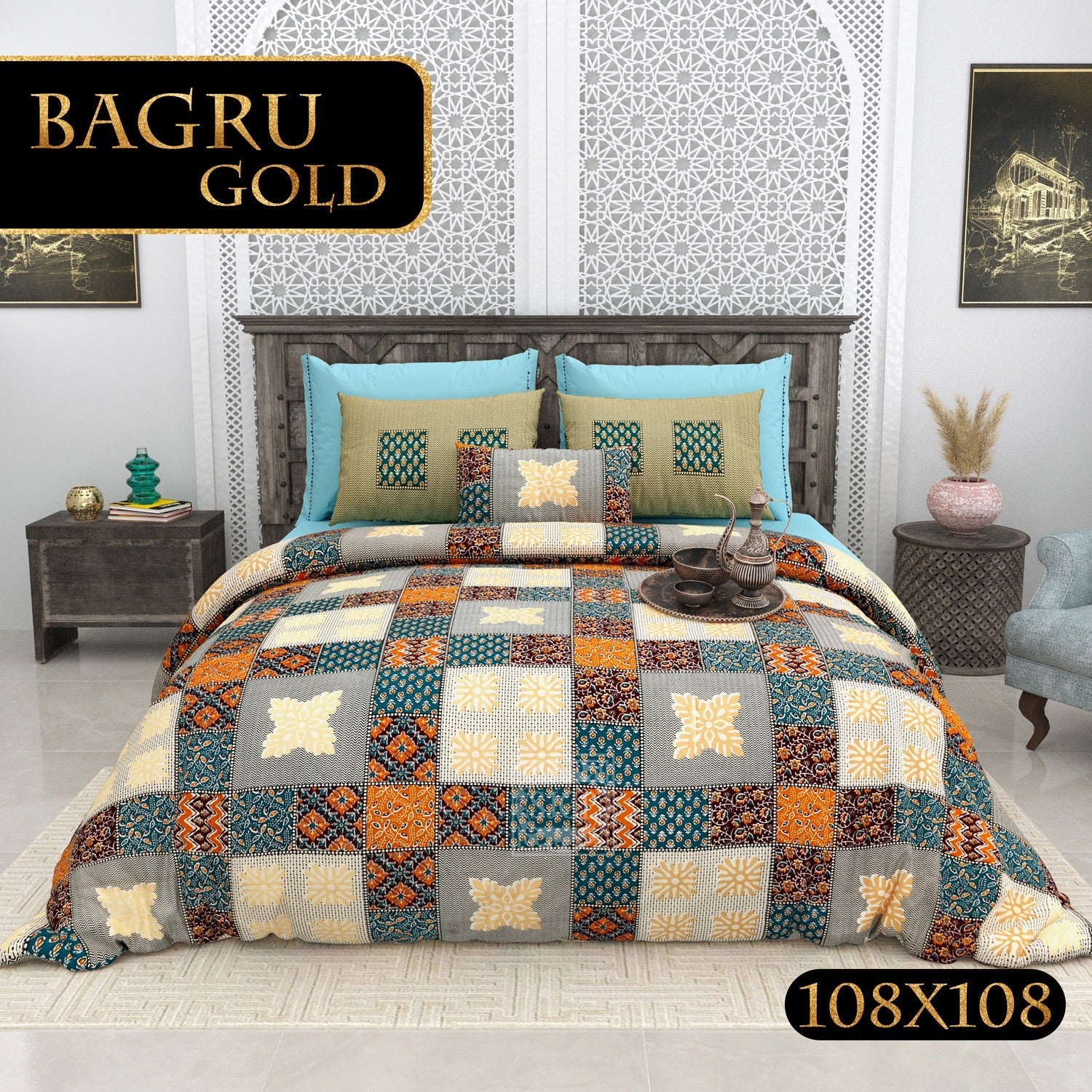 BAGRU GOLD Cotton Bedsheet- Teal Multi Print (108 x 108 Inches)