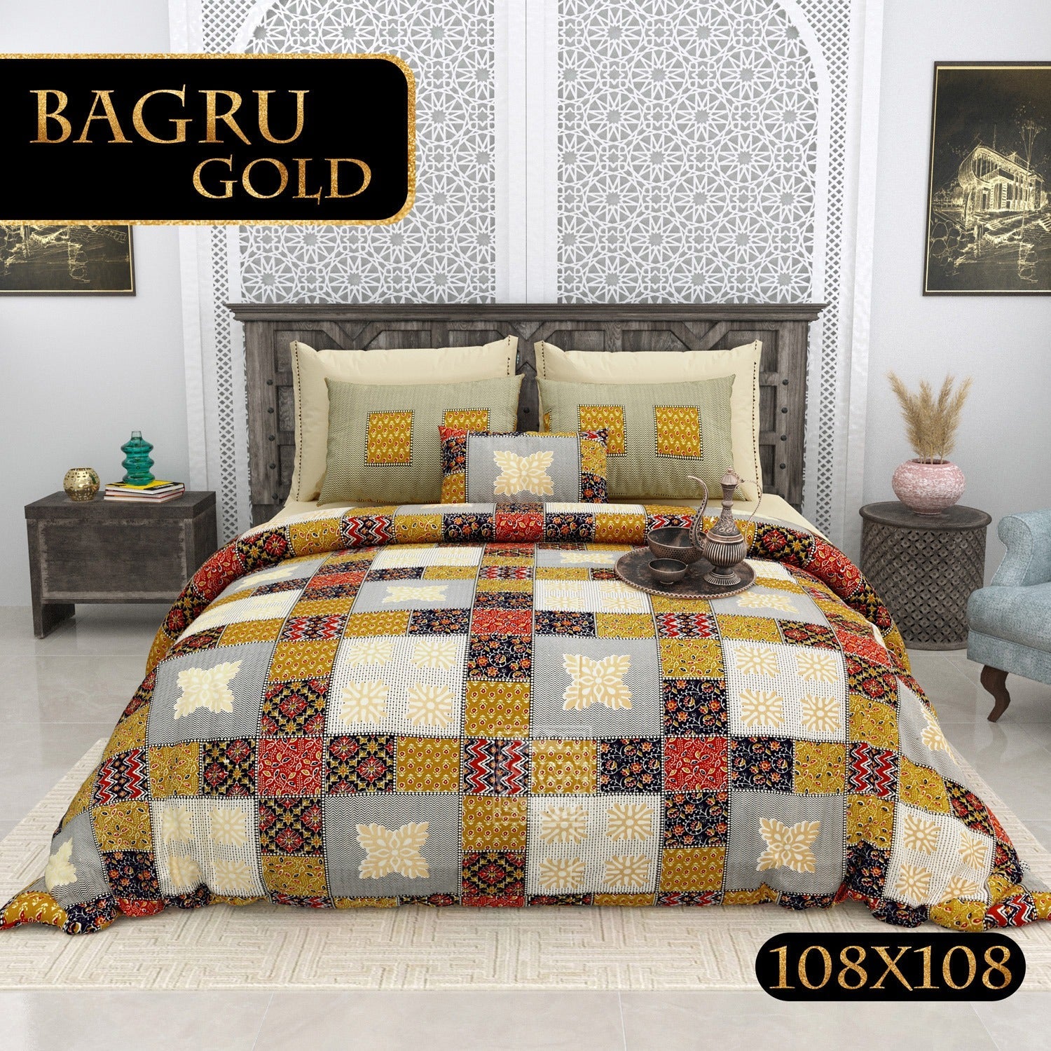 BAGRU GOLD Cotton Bedsheet- Grey Multi Print (108 x 108 Inches)