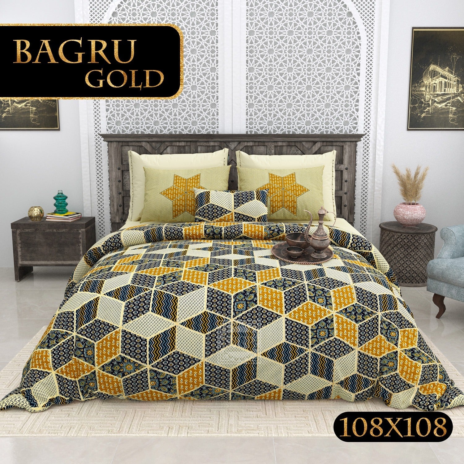 BAGRU GOLD Cotton Bedsheet- Grey Multi Print (108 x 108 Inches)