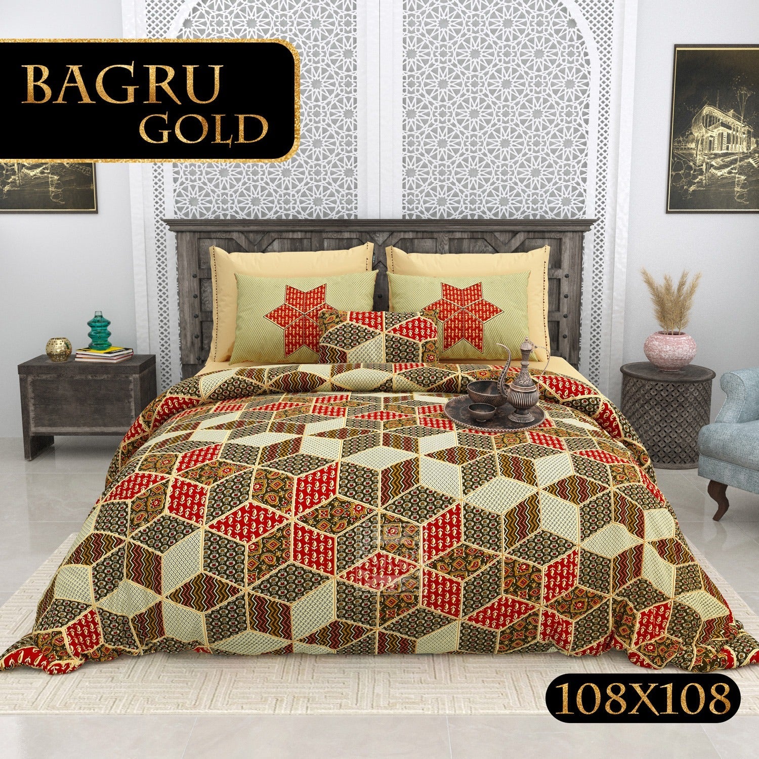 BAGRU GOLD Cotton Bedsheet- Maroon Multi Print (108 x 108 Inches)