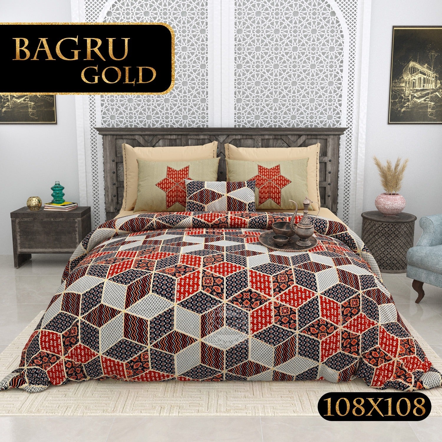 BAGRU GOLD Cotton Bedsheet- Wine Multi Print (108 x 108 Inches)