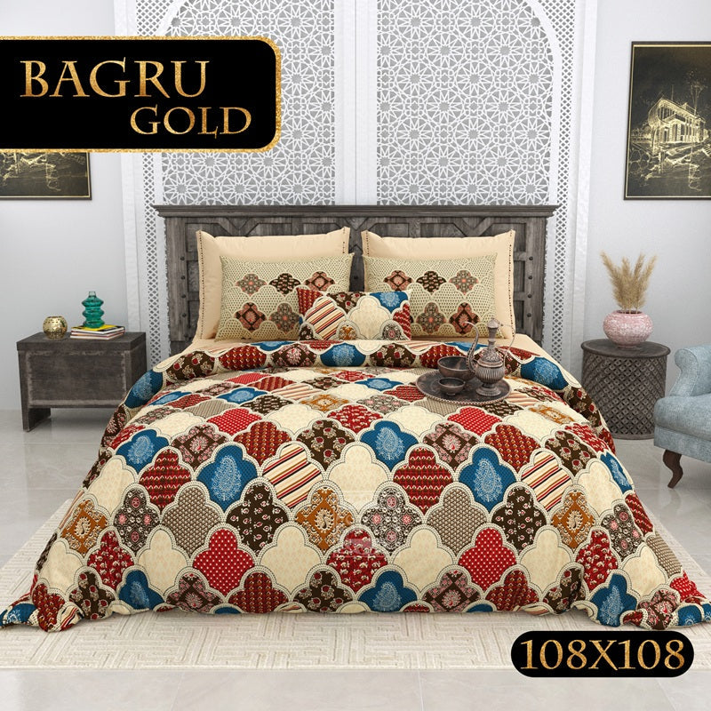 BAGRU GOLD Cotton Bedsheet- Beige Multi Print (108 x 108 Inches)