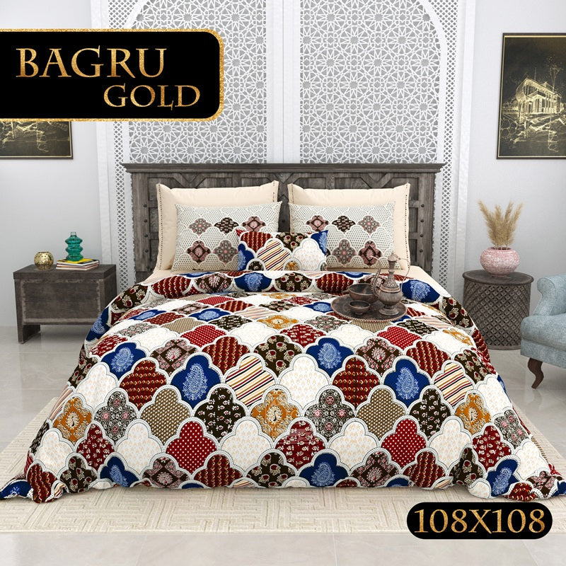 BAGRU GOLD Cotton Bedsheet- White Multi Print (108 x 108 Inches)
