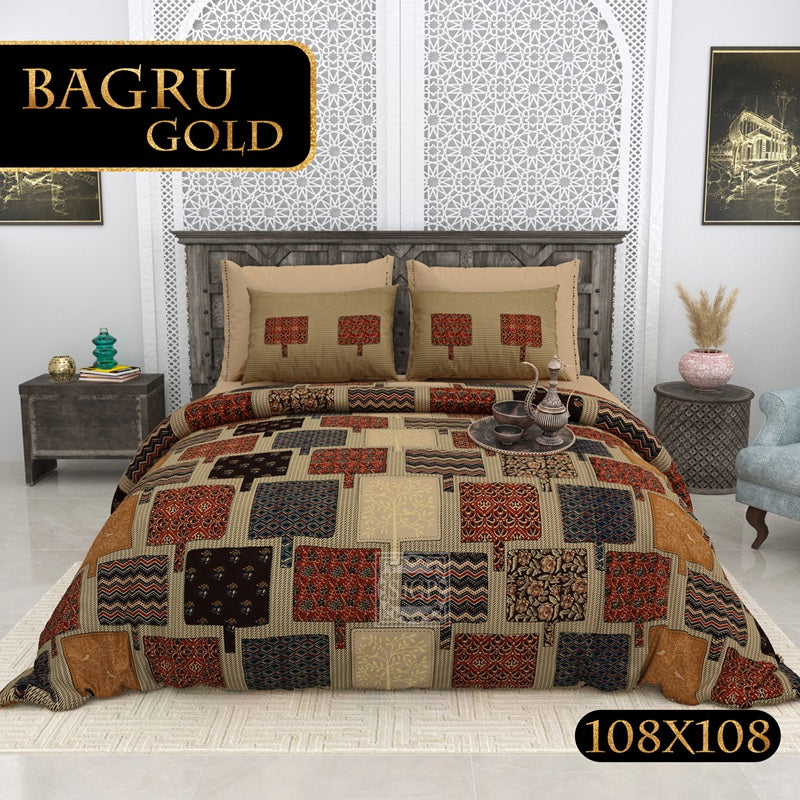 BAGRU GOLD Cotton Bedsheet- Beige Multi Print (108 x 108 Inches)
