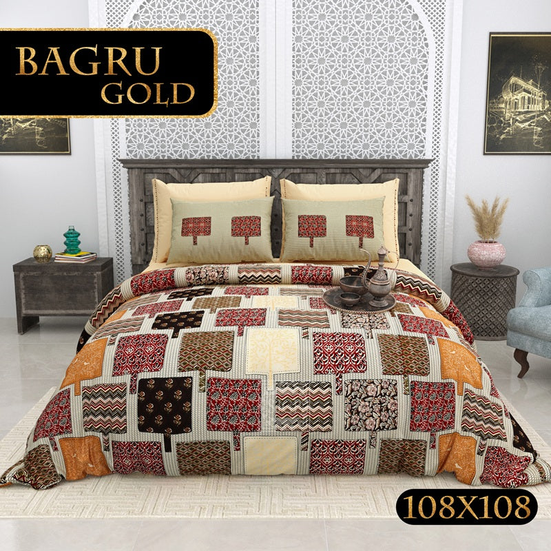 BAGRU GOLD Cotton Bedsheet- Beige Red Multi Print (108 x 108 Inches)