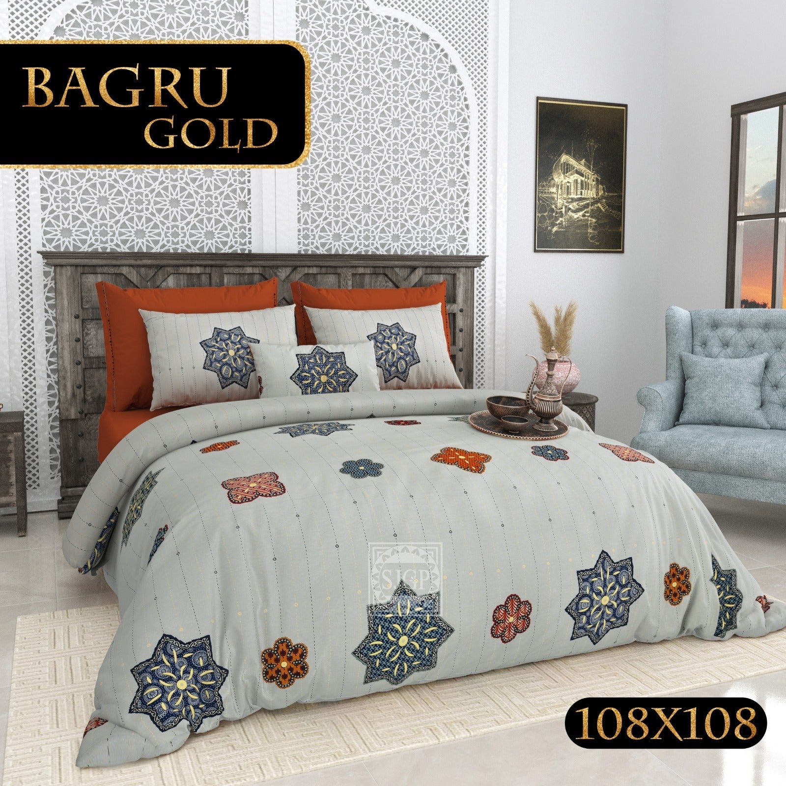 BAGRU GOLD Cotton Bedsheet- Grey Multi Print (108 x 108 Inches)
