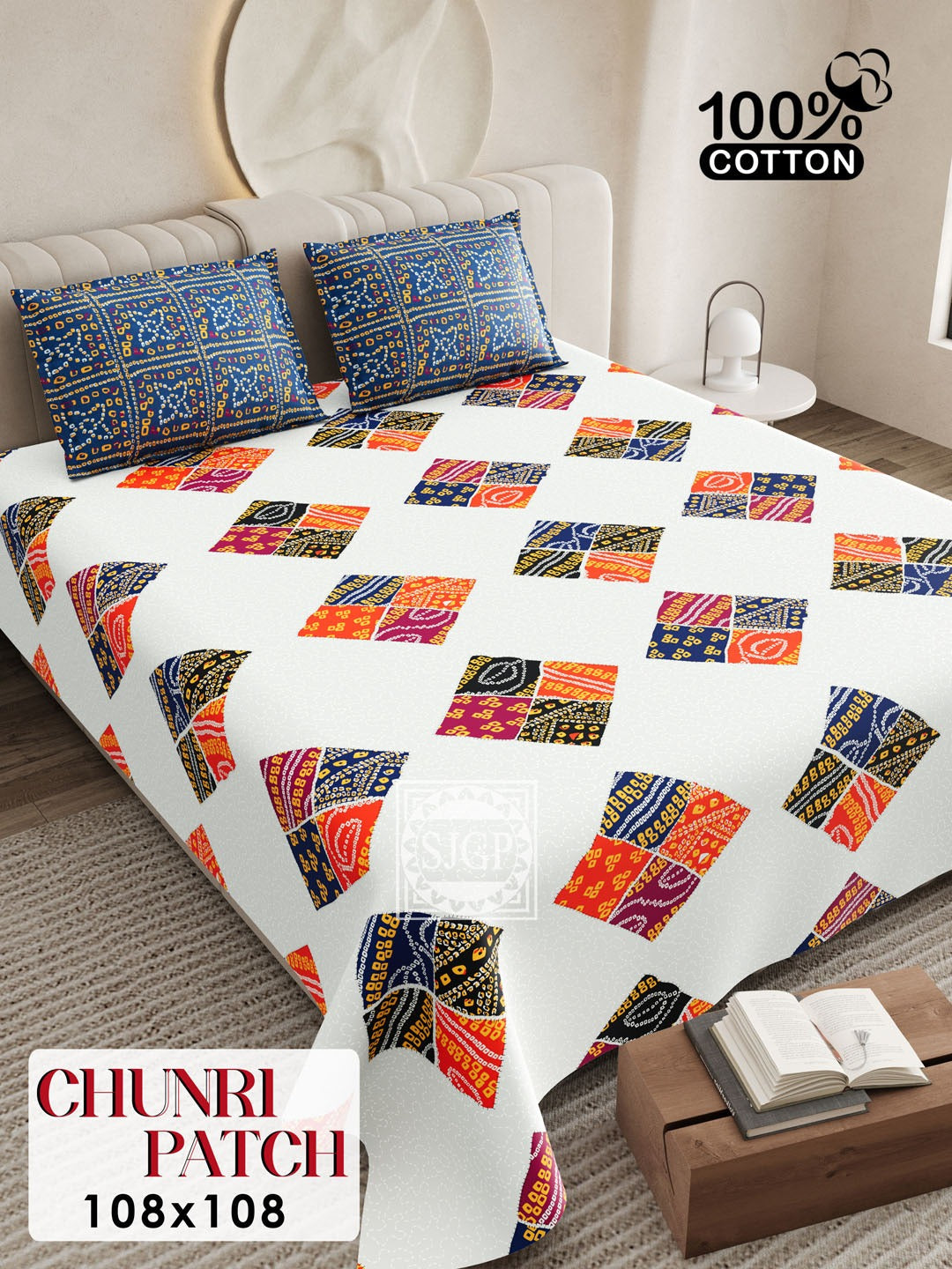 CHUNRI PATCH Cotton Bedsheet- White Multi Print (108 x 108 Inches)