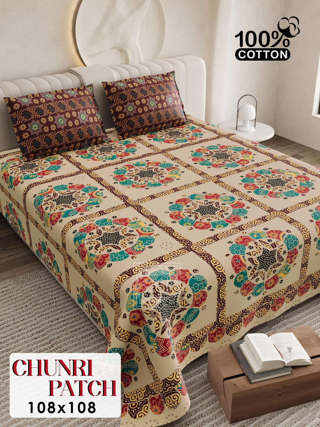 CHUNRI PATCH Cotton Bedsheet- Beige Multi Print (108 x 108 Inches)