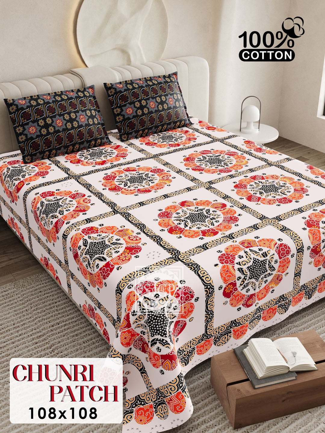 CHUNRI PATCH Cotton Bedsheet- White Multi Print (108 x 108 Inches)