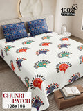 CHUNRI PATCH Cotton Bedsheet- White Multi Print (108 x 108 Inches)