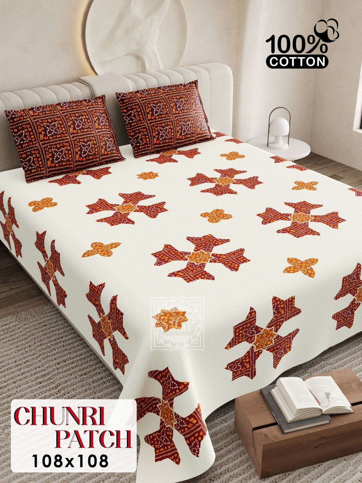 CHUNRI PATCH Cotton Bedsheet- White Multi Print (108 x 108 Inches)