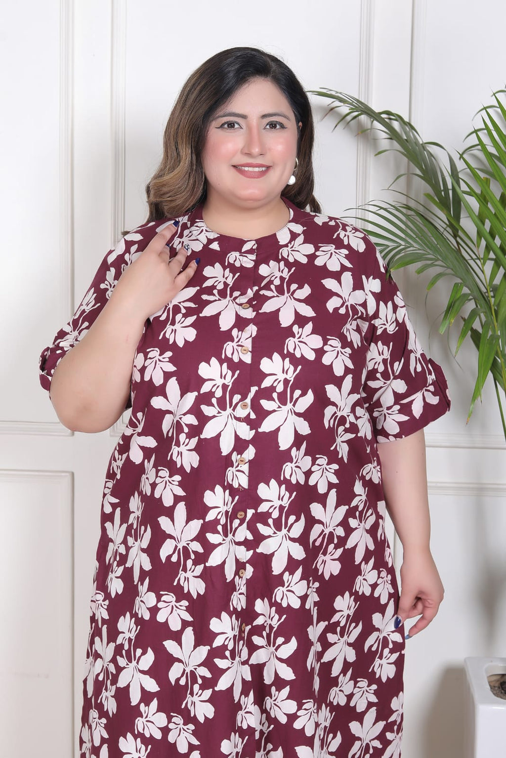 Wine Plus Size Floral Printed A-Line Kurti