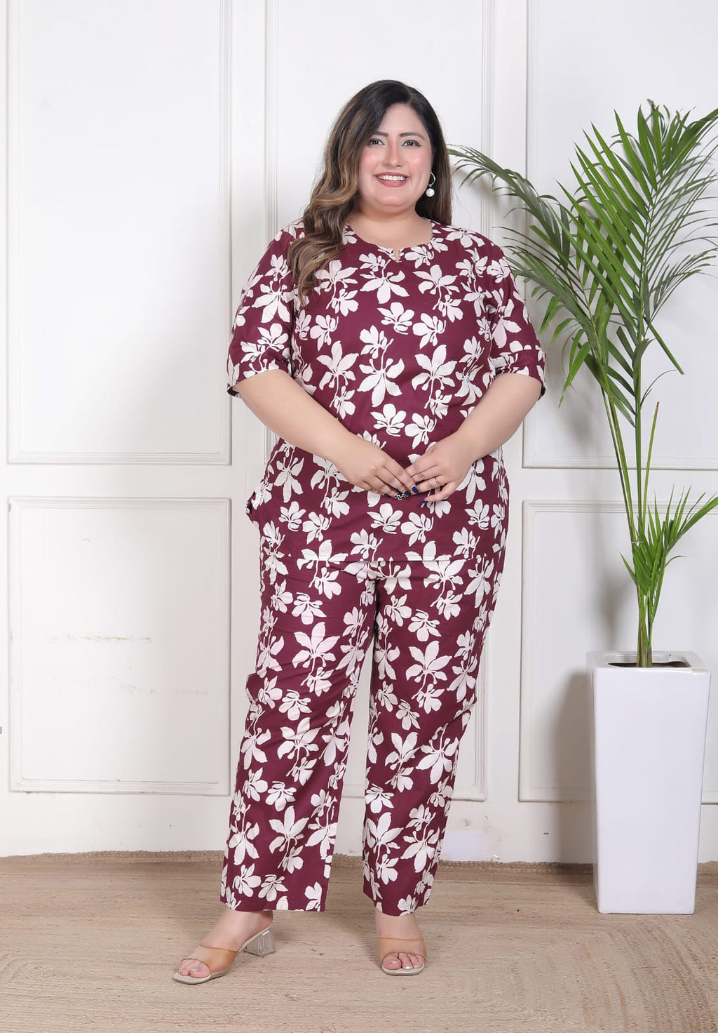 Wine Plus Size Floral Printed Co-Ord Set