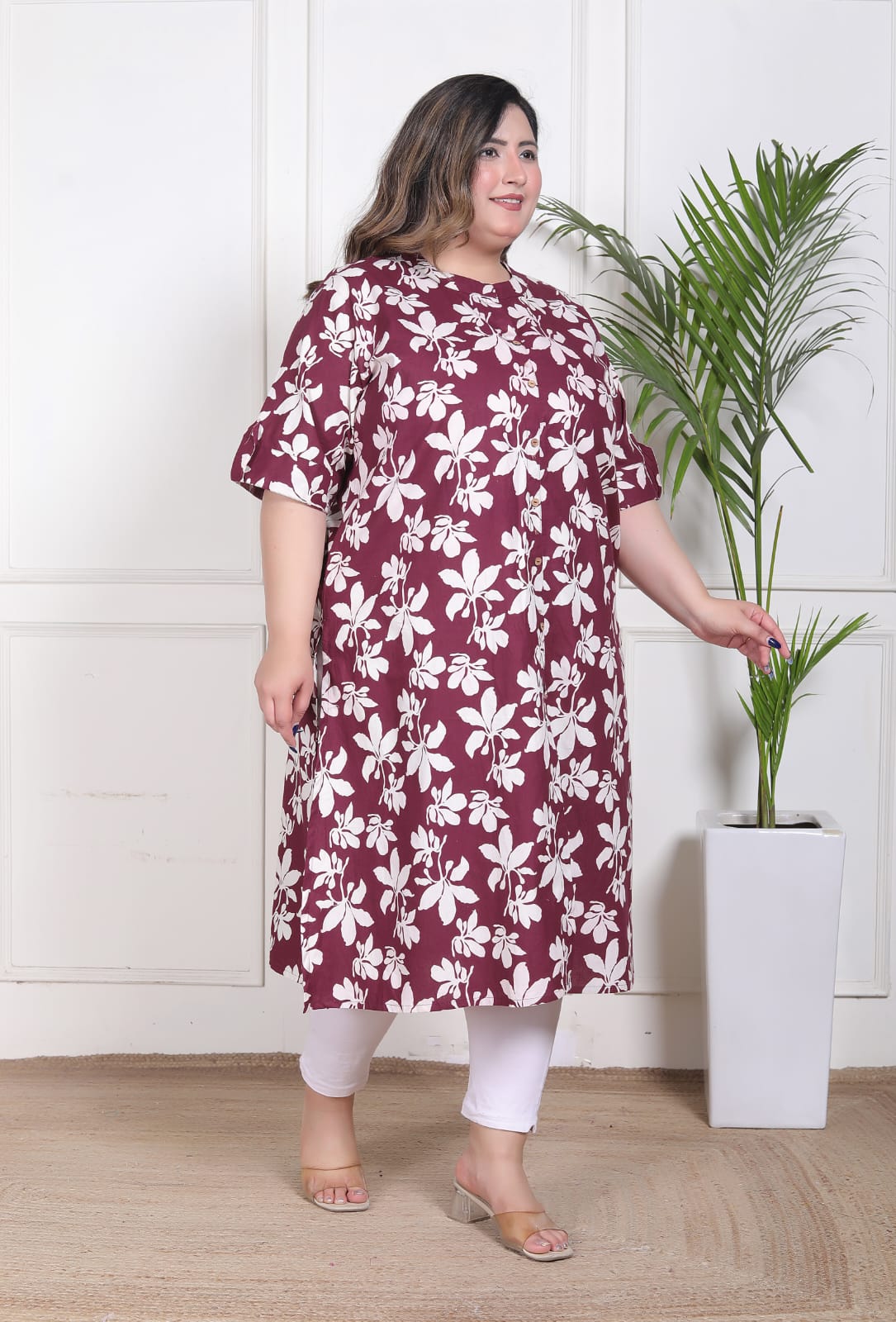 Wine Plus Size Floral Printed A-Line Kurti