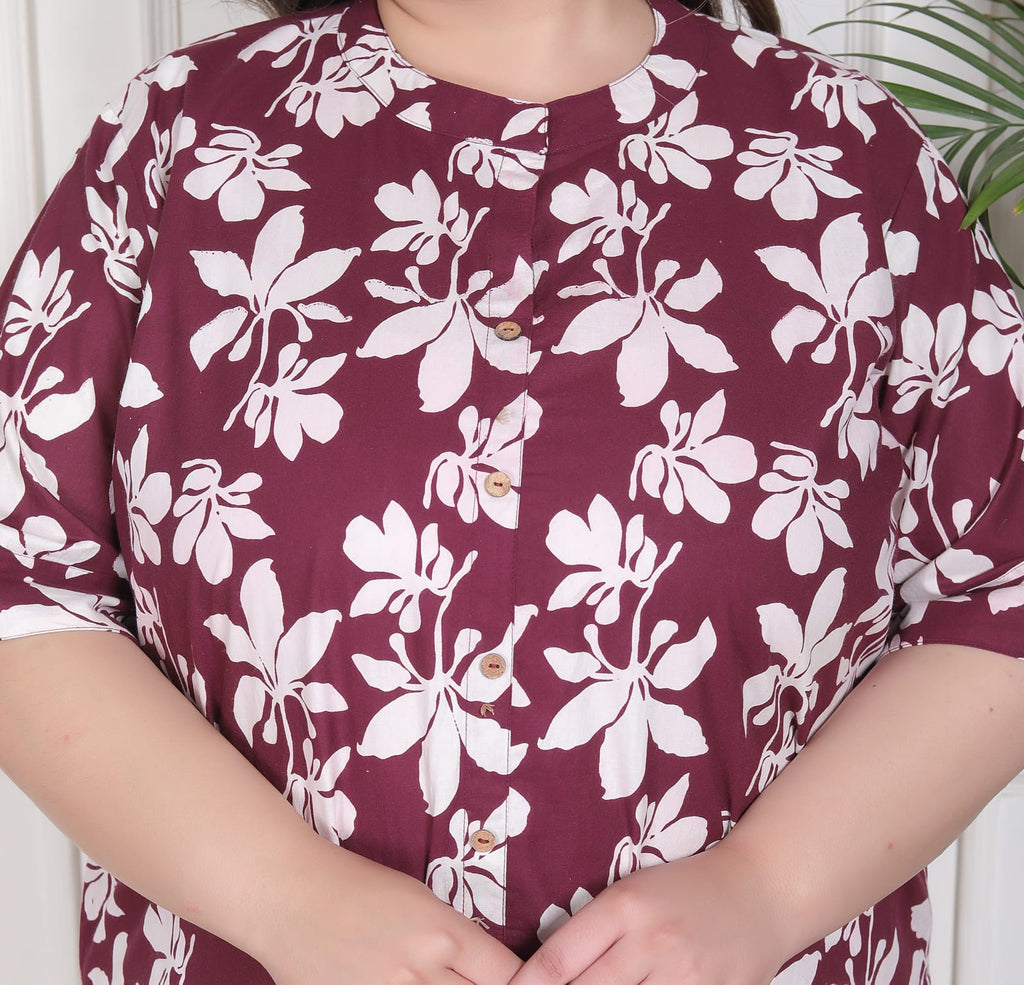Wine Plus Size Floral Printed A-Line Kurti