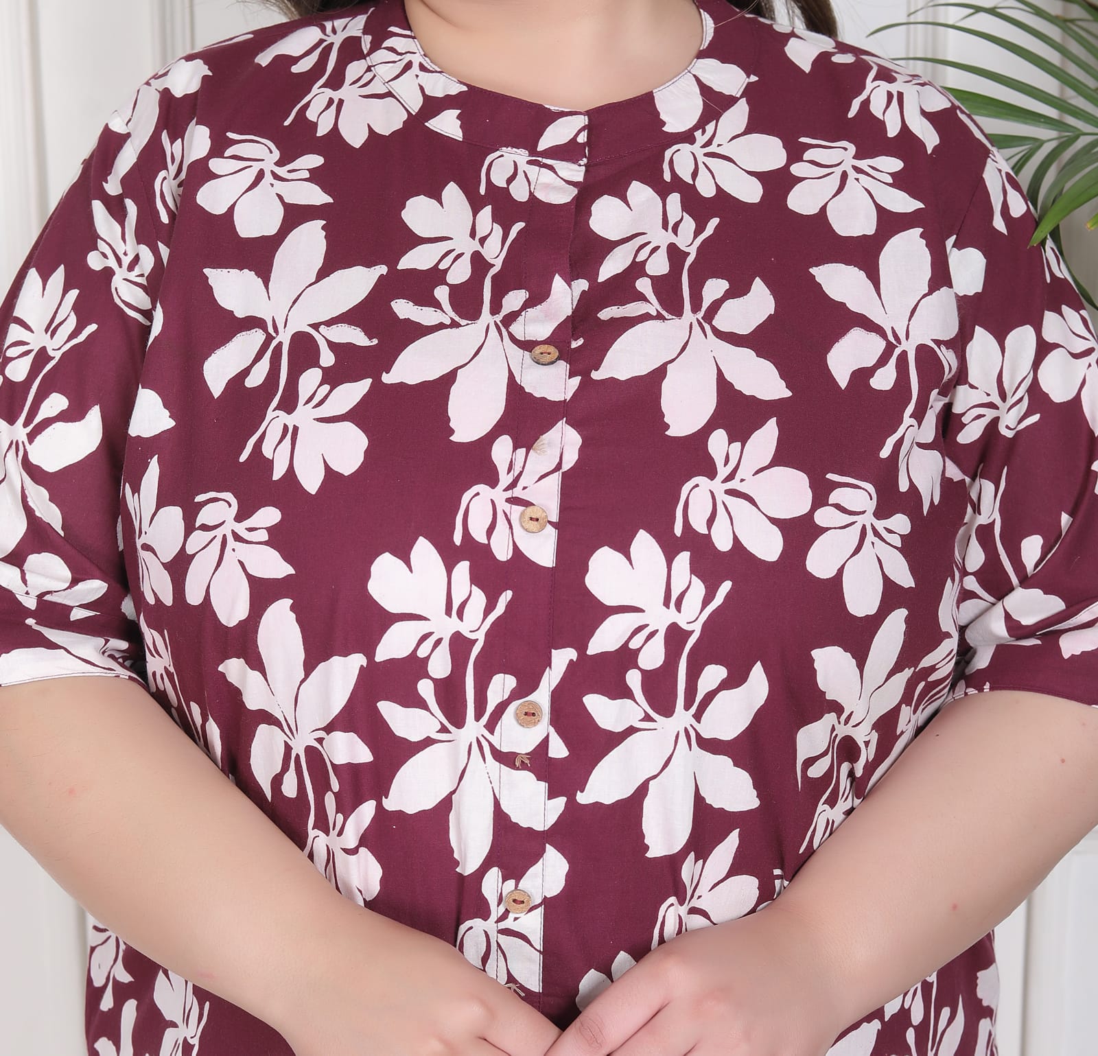 Wine Plus Size Floral Printed A-Line Kurti