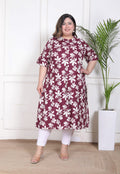 Wine Plus Size Floral Printed A-Line Kurti