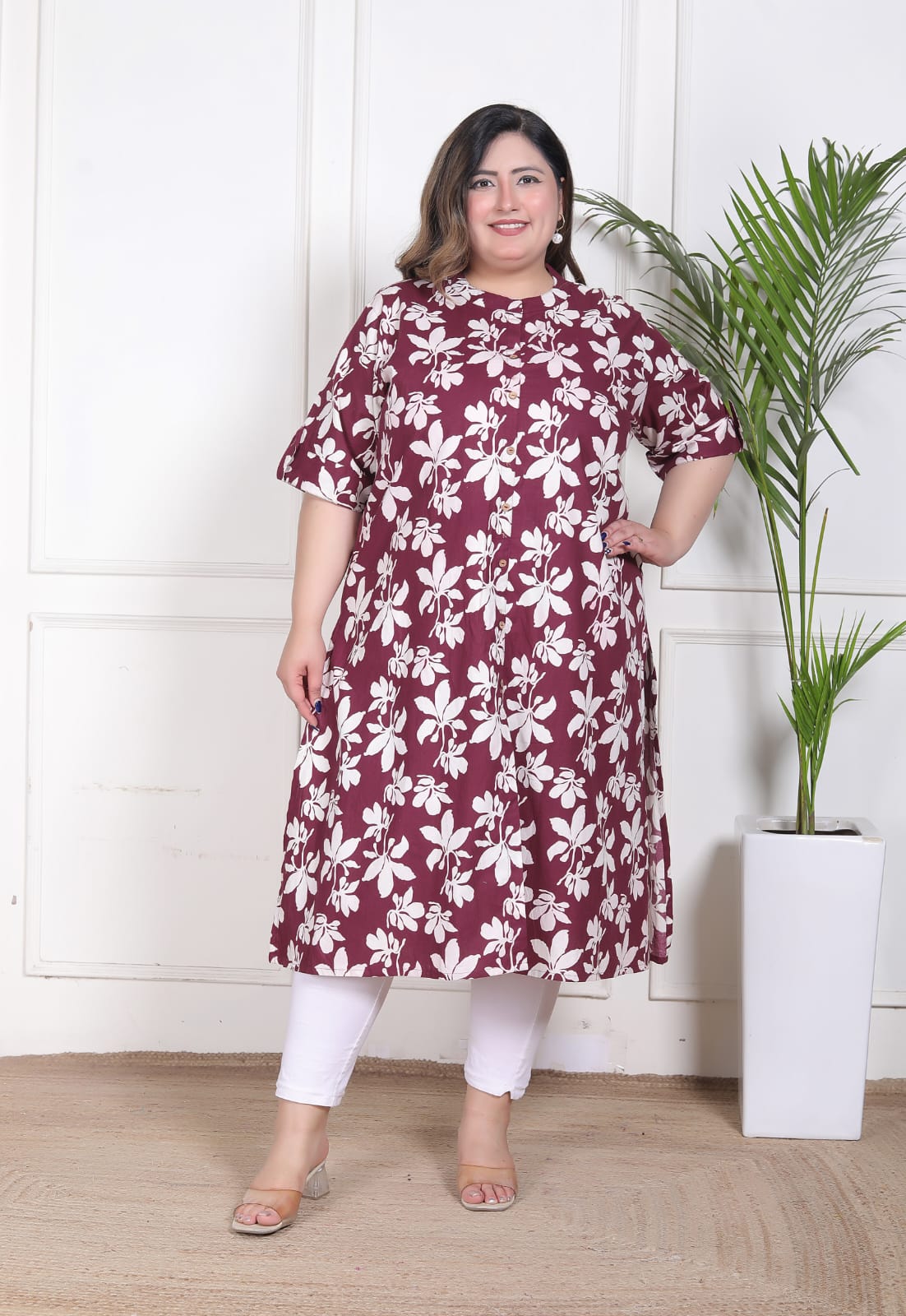 Wine Plus Size Floral Printed A-Line Kurti