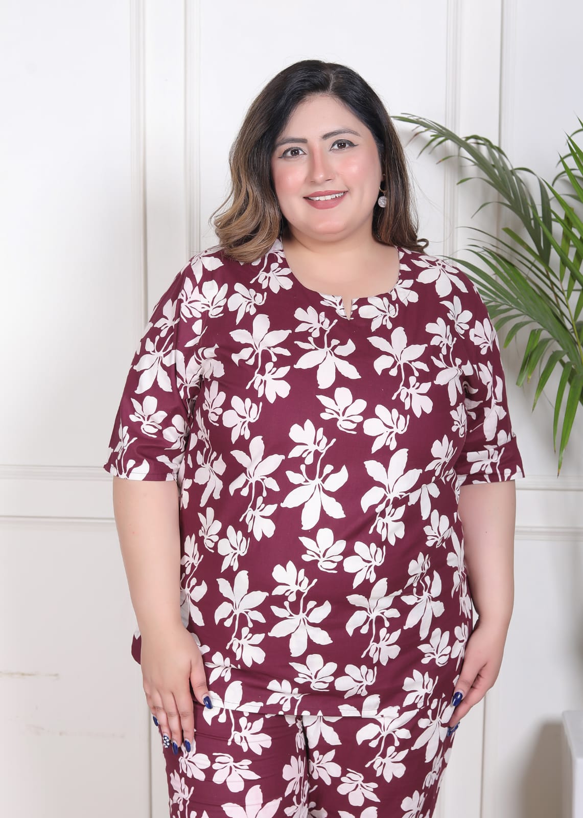Wine Plus Size Floral Printed Co-Ord Set
