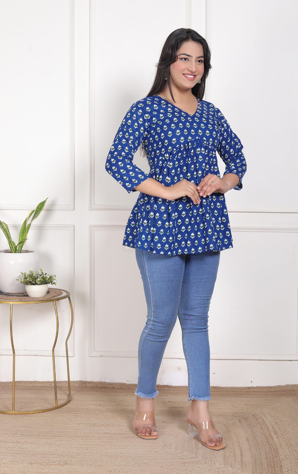 Blue Printed Flared Alia Cut Top