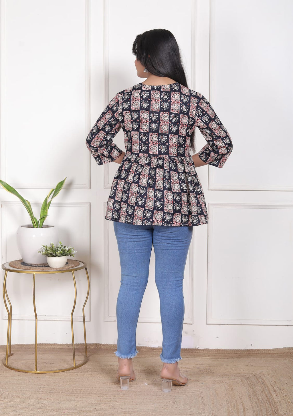 Black Printed Flared Alia Cut Top