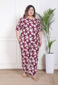 Wine Plus Size Floral Printed Co-Ord Set