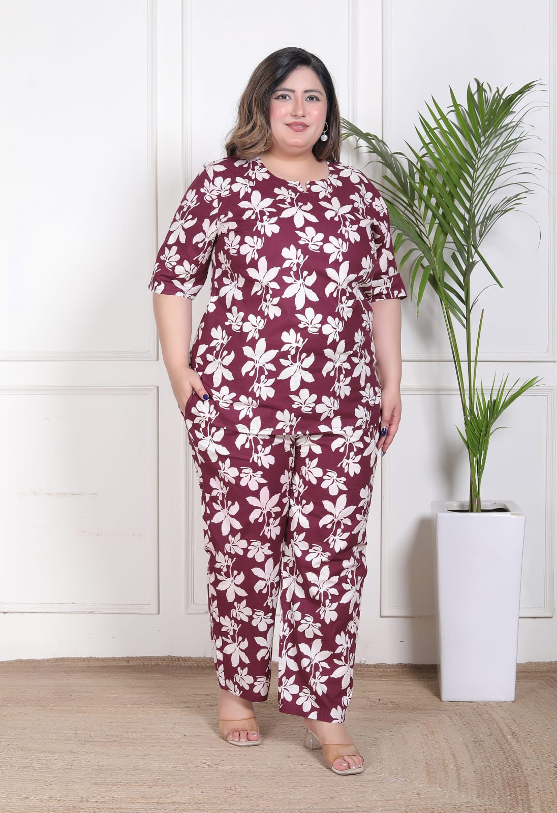 Wine Plus Size Floral Printed Co-Ord Set